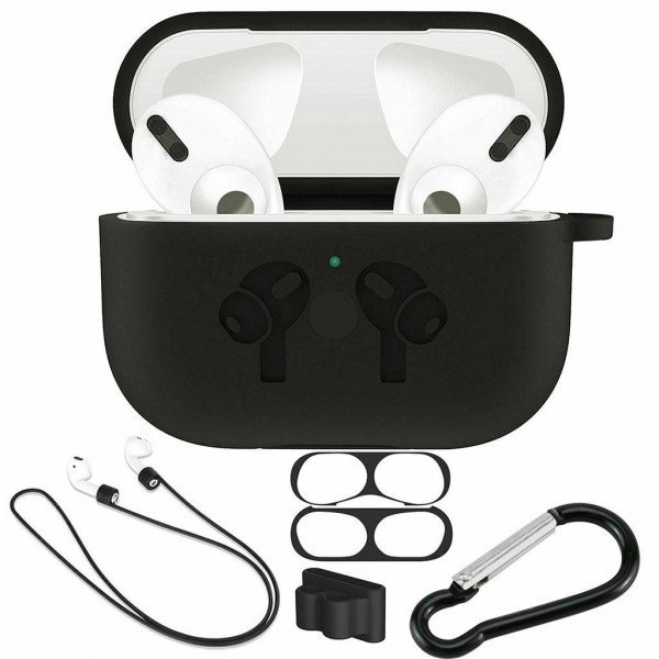 Wholesale 5 in 1 Accessories Kits Silicone Cover with Ear Hook Grips / Staps / Clip / Skin / Tips for [Airpods Pro] Charging Case (Black)